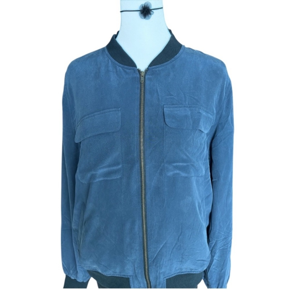 Equipment Femme Blue Silk Bomber Jacket | Size Small | Fall/Winter 2014–Resort 2 - Picture 1 of 8